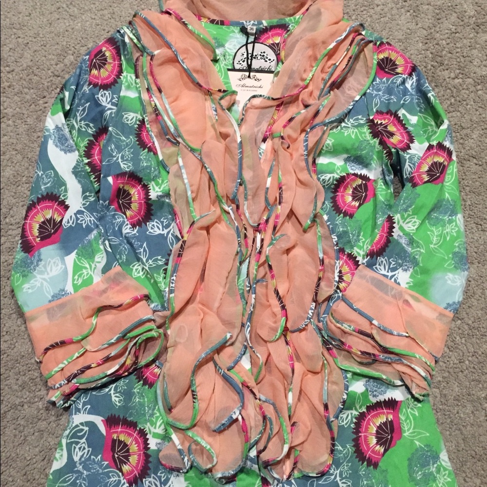 Bright Floral Ruffled Peasant Top - Peach & Green